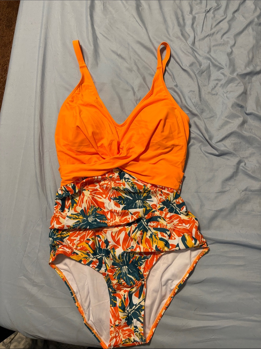 Tropical Orange Floral Ruched One-Piece Swimsuit
